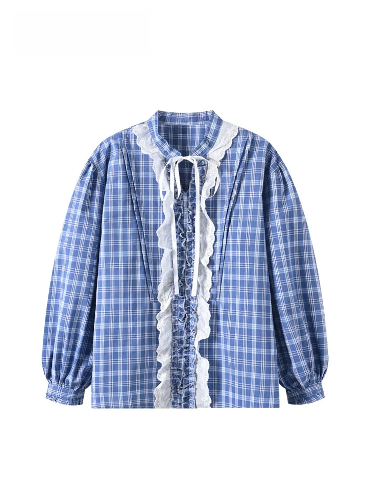 

CaraCLUB plus Size Lace Plaid Long Sve irt Women Early Spring New Sle Slimming Faionable Top for Plump Sister