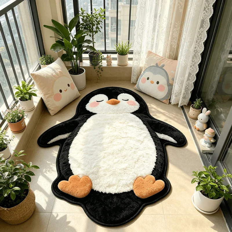 VIKAMA Closed Eye Penguin Shaped Plush Rug - Cute Cartoon Non-Slip Absorbent Floor Mat for Foyer, Bathroom, Living Room