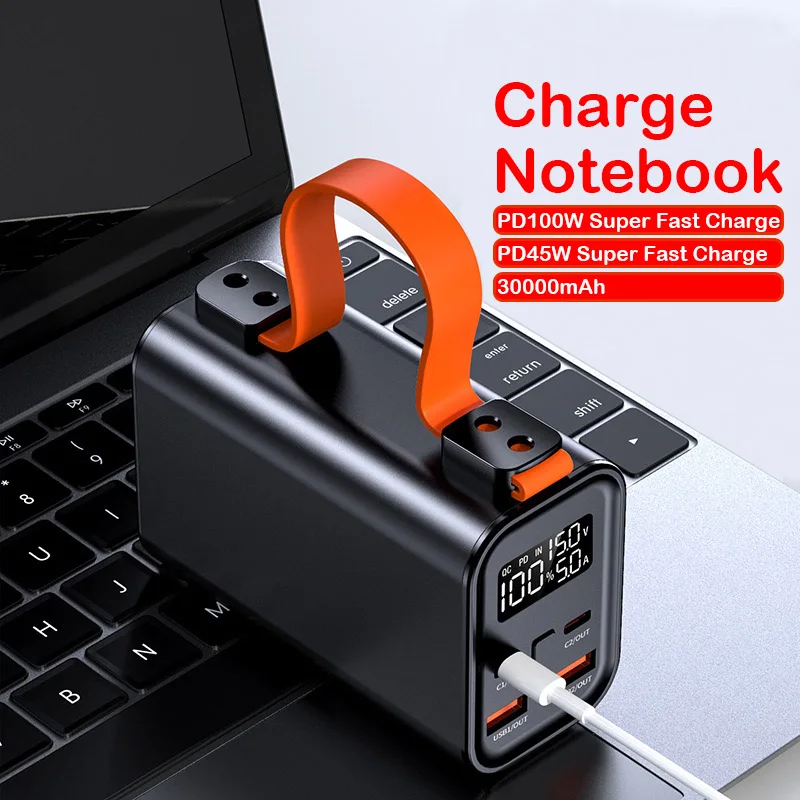 휴대용 LED 충전식 랜턴, 비상 야외 캠핑 램프, 휴대폰 노트북용 손전등, USB C 보조베터리, 30000mAh, 100W