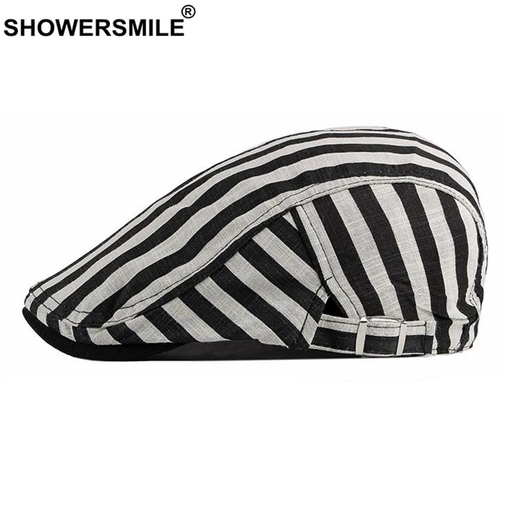 SHOWERSMILE Red Black Striped Mens Berets 100% Cotton British Style Vintage Flat Caps for Men Spring Summer Artist Hat Chapeau