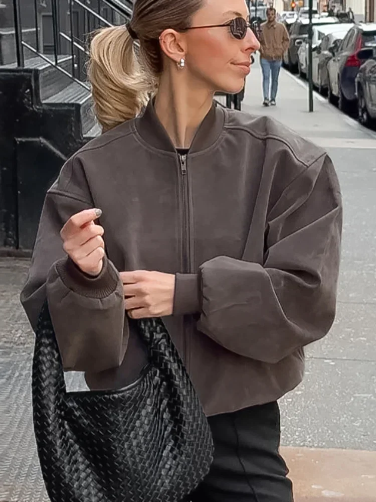 

Женская повседневная куртка с длинным рукавом, высоким воротником, плиссированная, свободного кроя, с отложным воротником, на молнии, в стиле пэчворк, однотонная, осенняя, уличная, новая модная одежда 2026