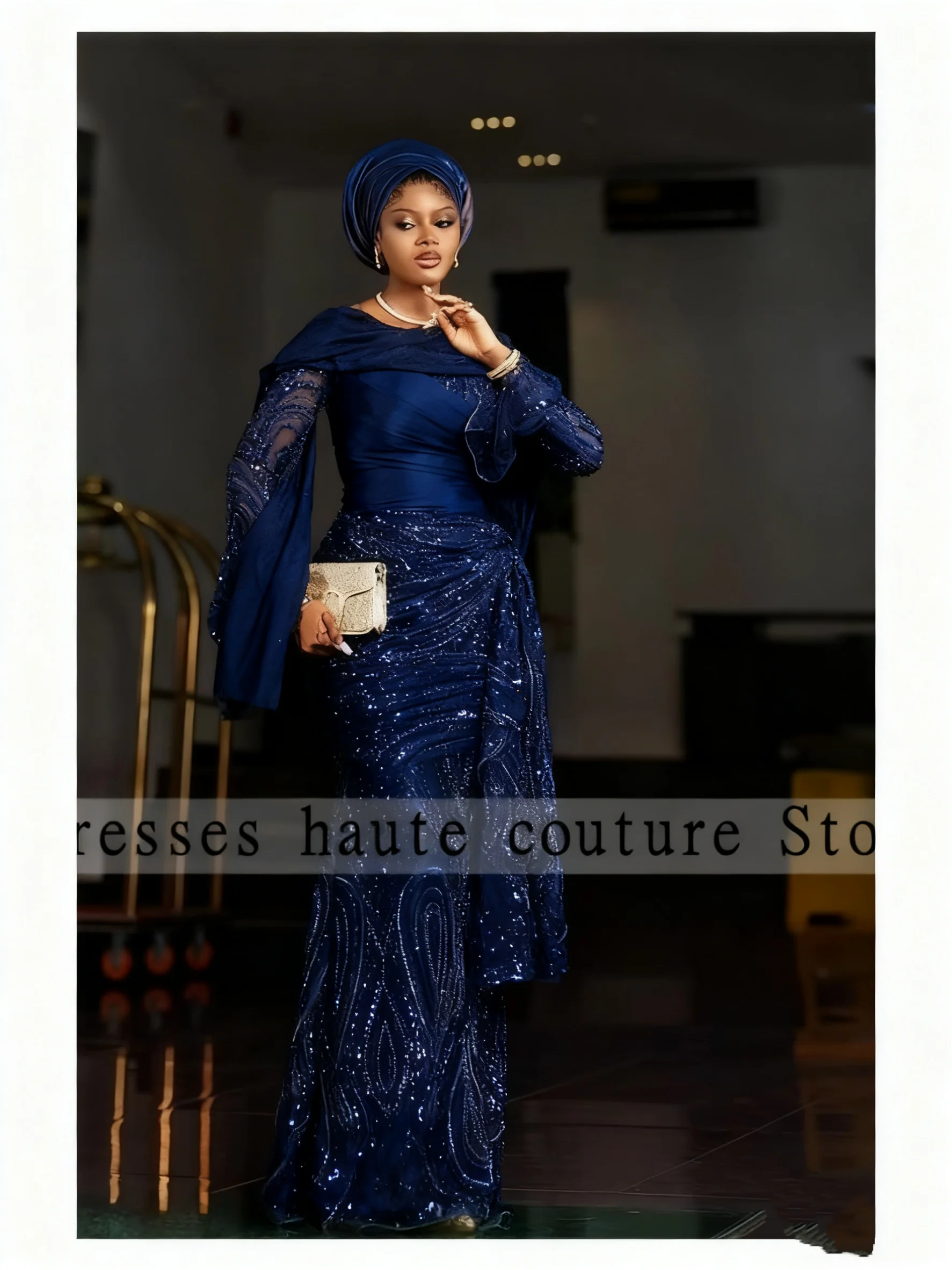 Aso Ebi Brown Lace Bead African Evening Dresses Long Sleeve Mermaid Dress Wedding Party Gown For Women Formal Gown Customized