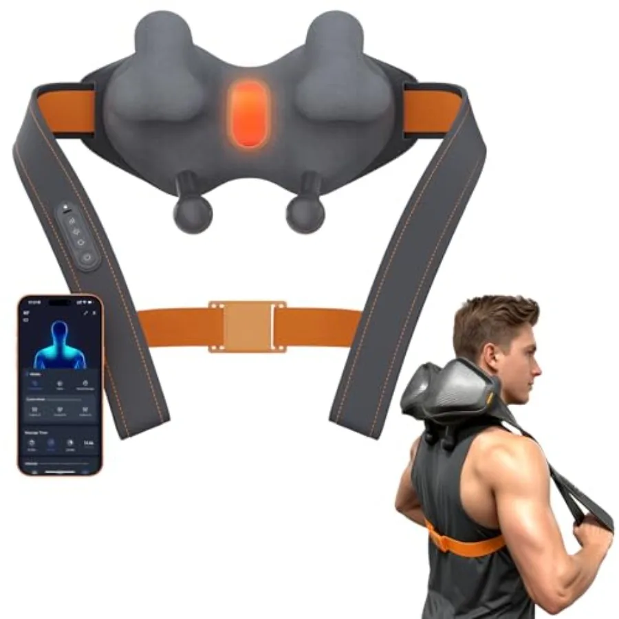 

Умный массажер для шеи, плеч и спины с подогревом и управлением через приложение, 8 сверхшироких бионических насадок, 4D глубокое разминание тканей, настраиваемые режимы