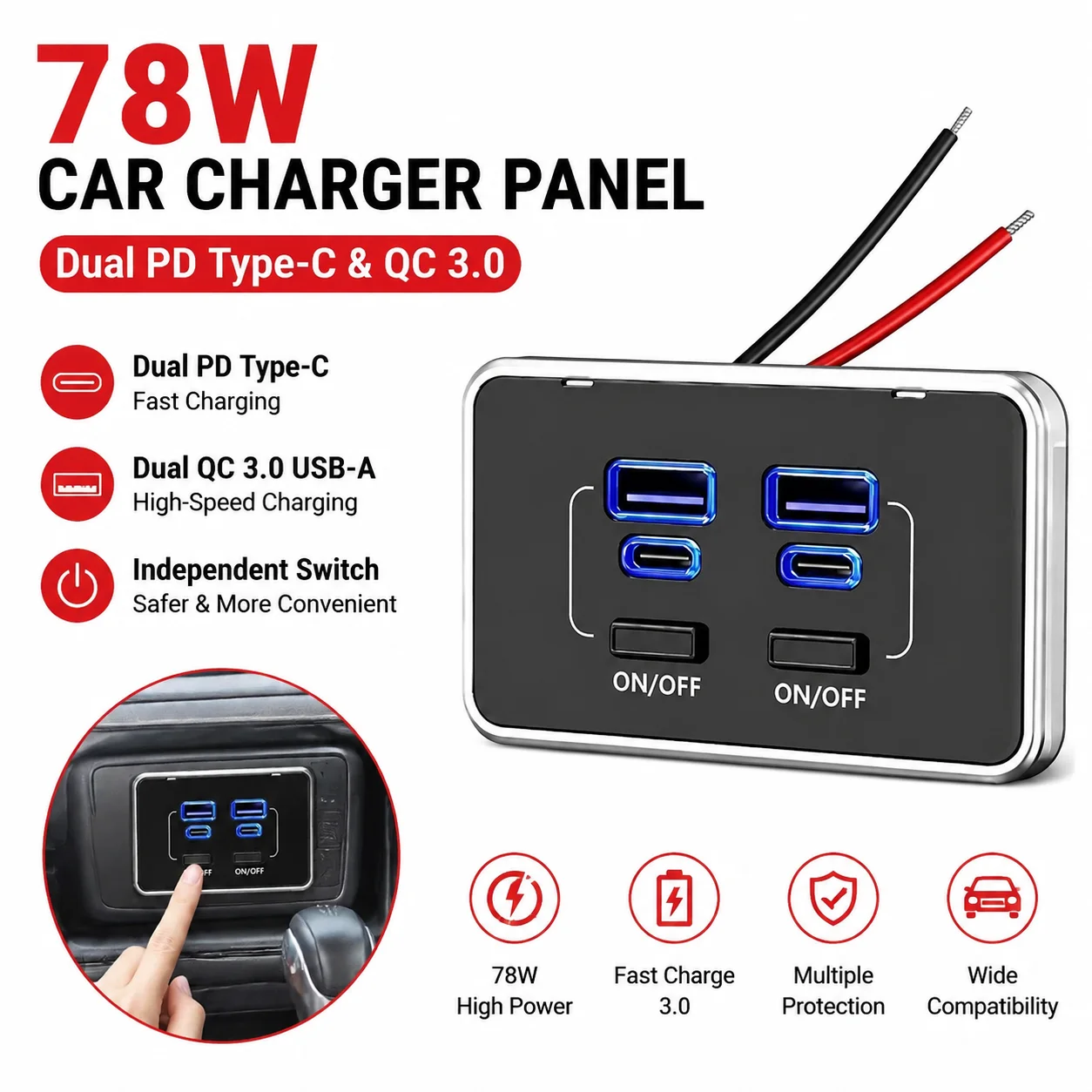 4-Port 12V RV USB Outlet 78W Dual PD Type-C & QC 3.0 Panel Wall Mount with Switch Quick Charge Adapter for Marine Bus ATV Truck