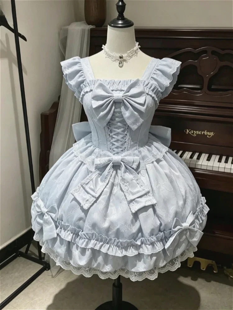 Japanese Kawaii Sweet Lolita JSK Sleeveless A-line Dress Y2K Fashion Lace Strap Dress Lovely Outfit For Holiday Party Occasions