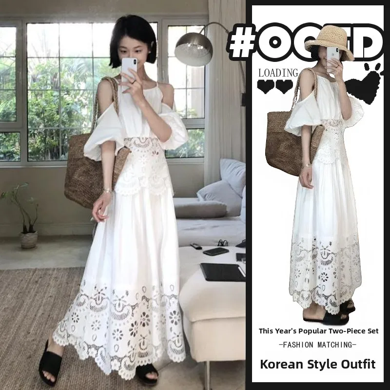 

Лето 2025 г., белый кружевной комплект с колючками, большой размер, праздничный комплект из двух предметов, топ f, юбка, ансамбль, модный женский наряд