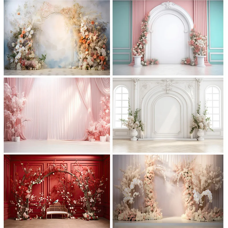 

Aesthetic Flower Wreath Decoration Indoor White Background Fantasy Wedding Curtain Photography Backdrop Photo Studio Props SG-12