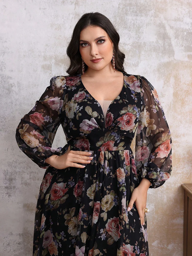 TOLEEN-Abito lungo da donna con stampa floreale, taglie forti, primavera, elegante, vita, spacco arricciato, orlo grande, casual, Boho, vacanza, 2024