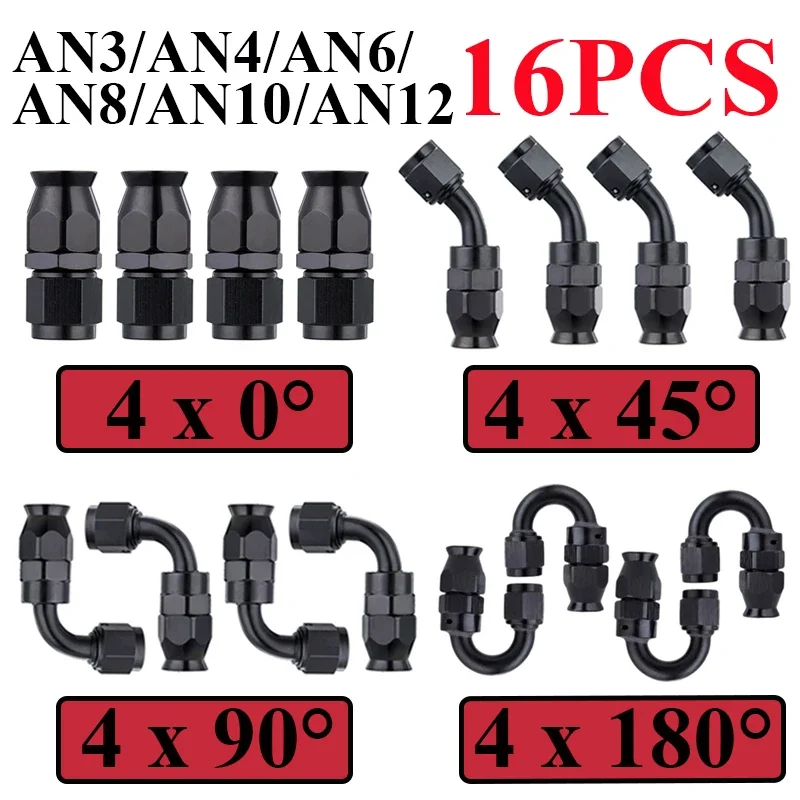 16Pcs AN3 AN4 AN6 AN8 AN10 Straight 0 45 90 180 Degree Reusable Hose End Fittings Adapter For Swivel PTFE E85 Oil Fuel Line Pipe