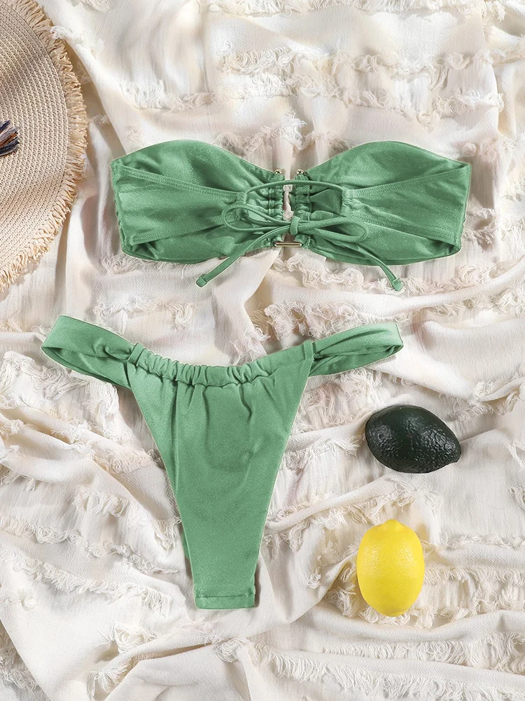 Rinabe-Bikini verde con hebilla de Metal, traje de baño Bandeau, trajes de baño de corte alto, microbikinis con realce, 
