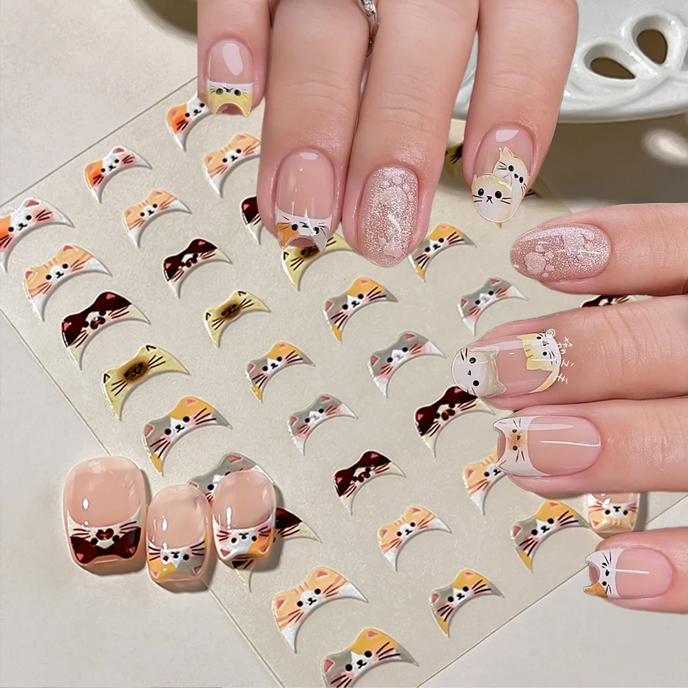 Pegatinas 5D para uñas con diseño de gato de dibujos animados, color naranja y negro, diseño de orejas de gato, calcomanías para uñas con diseño de gatito, decoración de uñas Kawaii para manicura