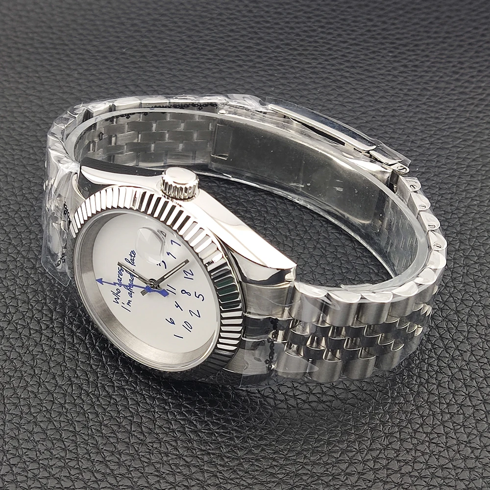 39 مللي متر/36 مللي متر nh35 ساعة من يهتمني بالفعل متأخر ساعة لا شعار الأزرق النص الهاتفي الياقوت كريستال زجاج NH35 الحركة التلقائية