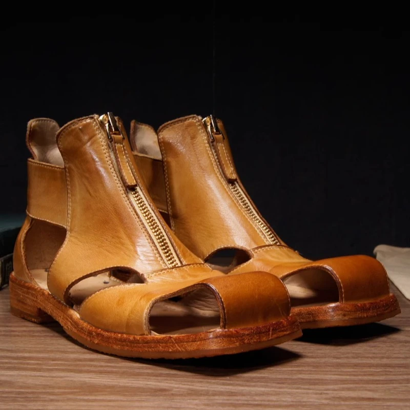 Vintage Genuine Leather Ankle Gladiator Sandals Men Square Peep Toe Front Zipper Hollow Cut‑Out Summer Beach Fashion Footwear