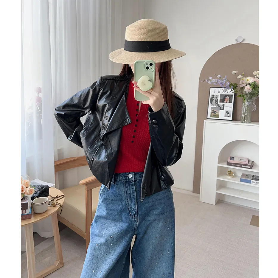 Cappotto Jaet ort in morbida pelle PU ecologico Cappotto da donna a doppia fila con bottoni in puro colore per pendolari Sle Capispalla primaverile