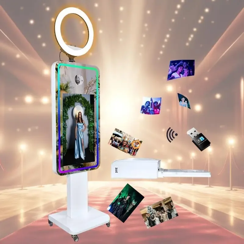 Portable 21.5-inch Touch Screen Mirror Photo Booth Selfie Machine with Wheels And Flight Case for Parties And Events