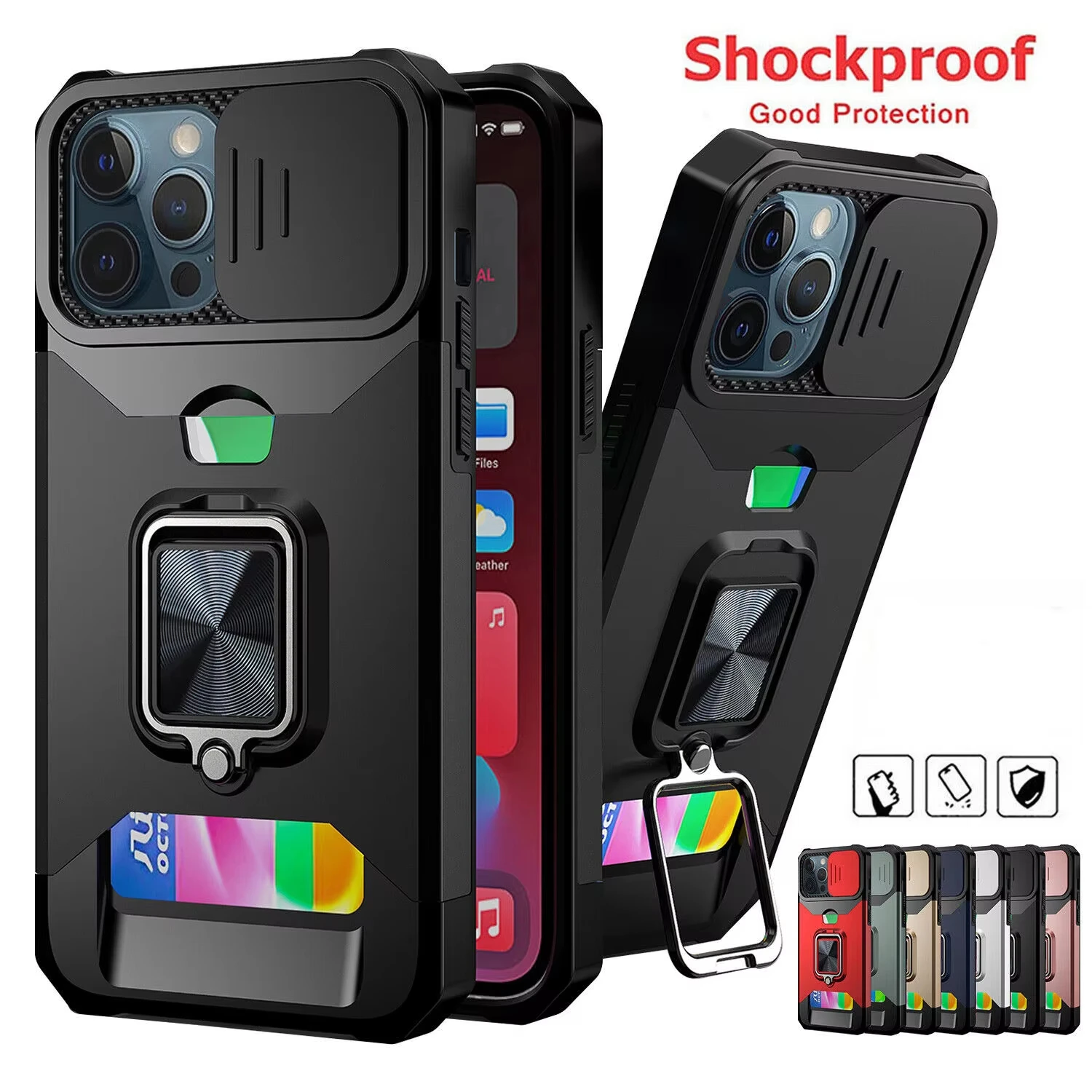 Case For iPhone 17 16 15 14 13 12 11 Pro Max Plus Mini Heavy Duty Protection With Sliding Camera Cover And Card Clip Cover