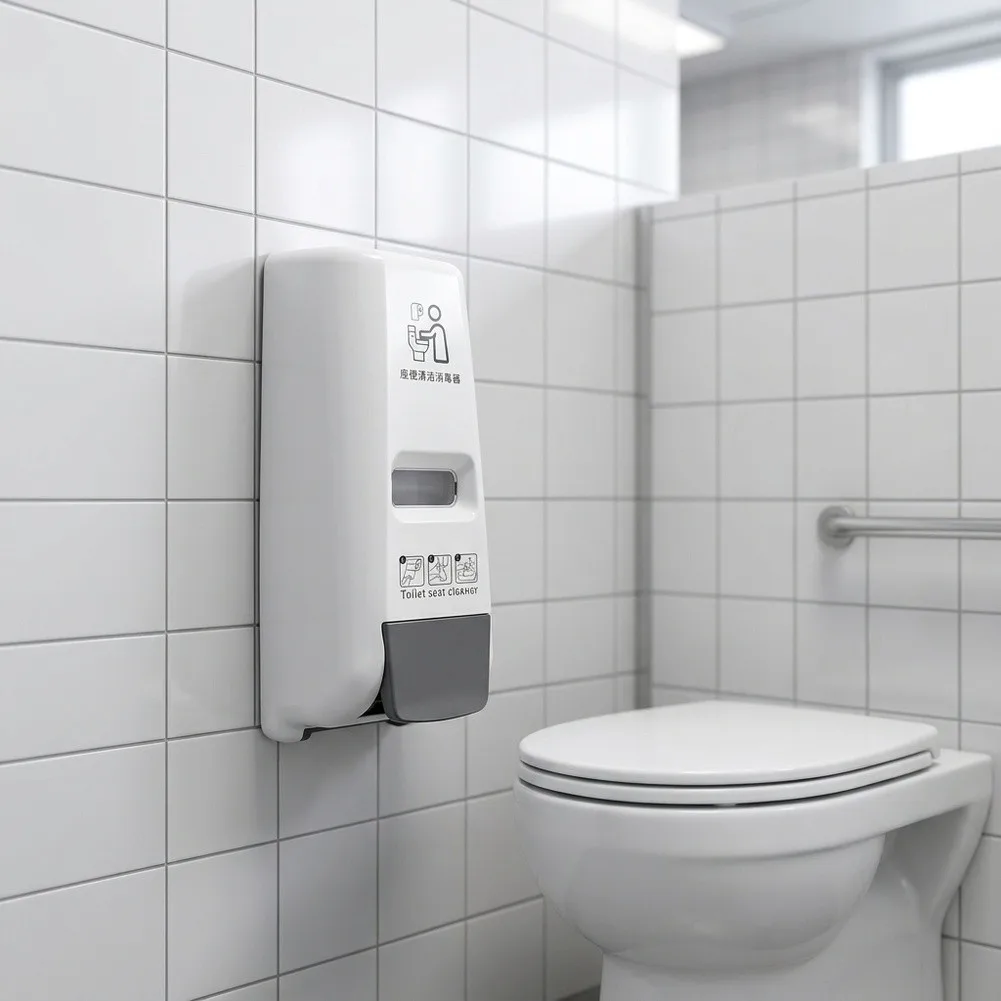 Toilet Dispenser for Sanitary Cleaning of Toilet Seats Using Push-Action Lever for Controlled Solution Release