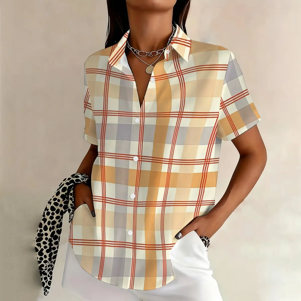 

Summer women's short-sleeve plus-size plaid shirt, retro British style, suitable for business, casual activities and social occa