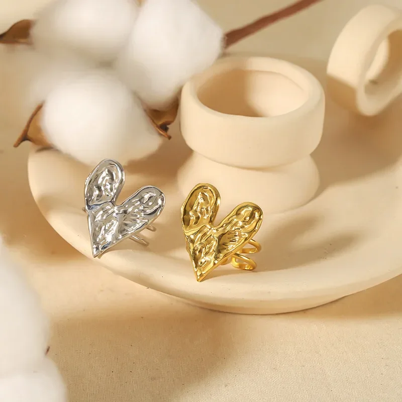 Stainless Steel Hammer Pattern Big Heart Opening Golden Ring for Women Fashion Accessories Texture Design Jewelry Birthday Gifts