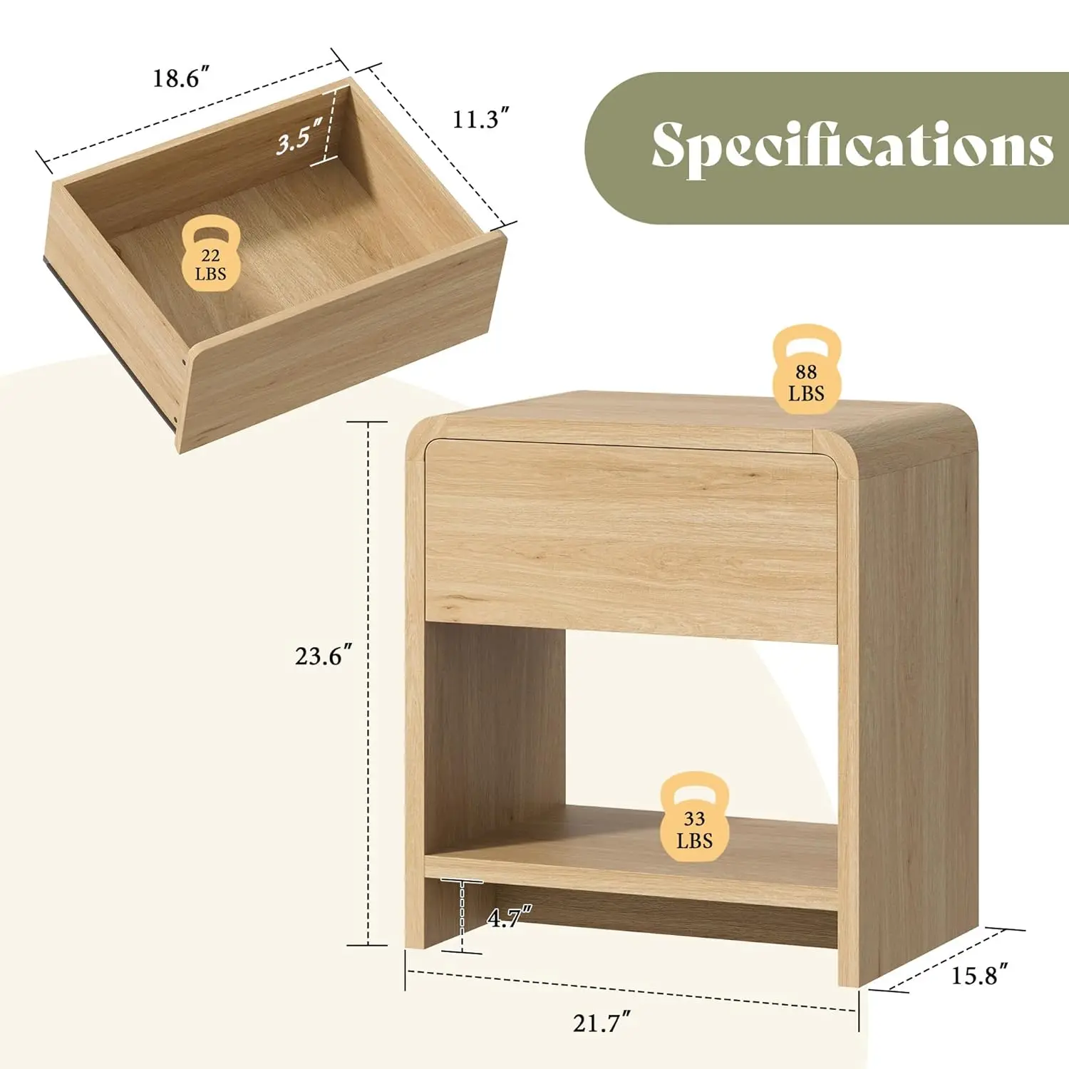 

Modern Nightstand Set of 2 with Storage Drawer & Open Shelves, 24" Round Bedside Table with Curved Top, Customized