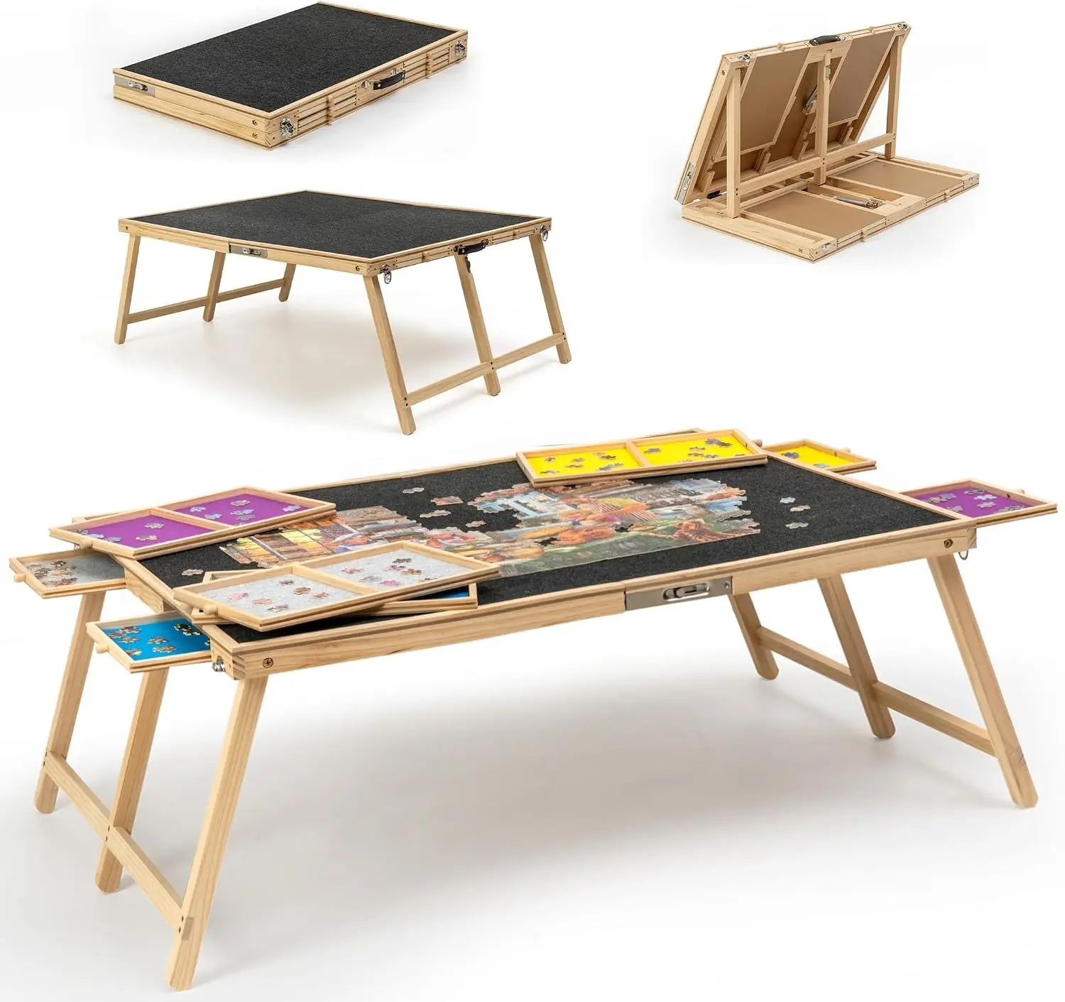 2000 Piece Foldable Puzzle Board with Cover, Wooden Jigsaw Puzzle Table with 8 Drawers, Portable Puzzle Easel with Folding Legs,