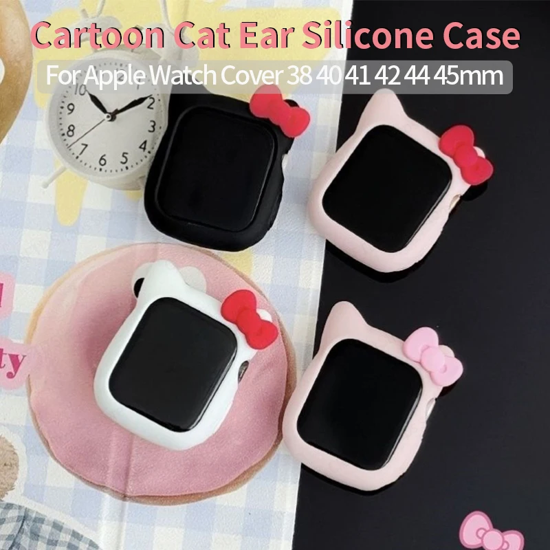 Cute Silicone Bumper Case for Apple Watch Series 10 9 8 7 6 Se 5 4 Cartoon Cat Protection Cover for IWatch 41mm 40mm 44 38 45 42