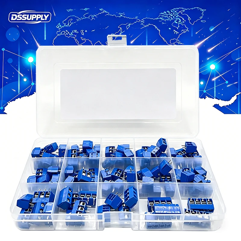 100PCS KF301 PCB Screw Terminal Block Connector KF301-2P KF301-3P KF-301-4P Pitch 5.0MM 2P 3P 4P Splicable Kit Box KF301-2 Blue