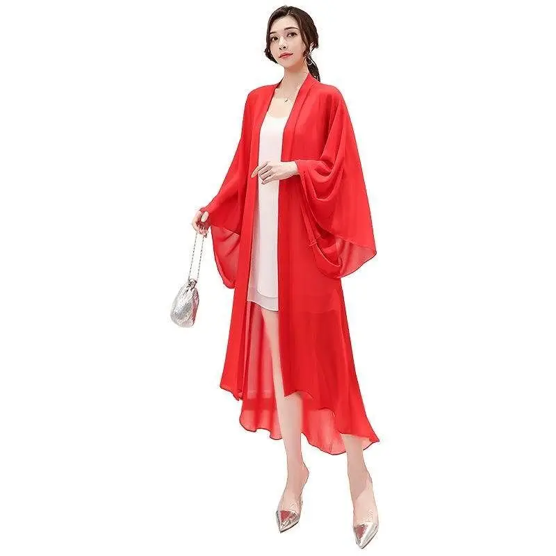 2024 Women Summer Long Sleeve Cardigan Beach Long Shawl Korean Fashion Black Chiffon Jacket Long Cardigan Oversized Coat A219