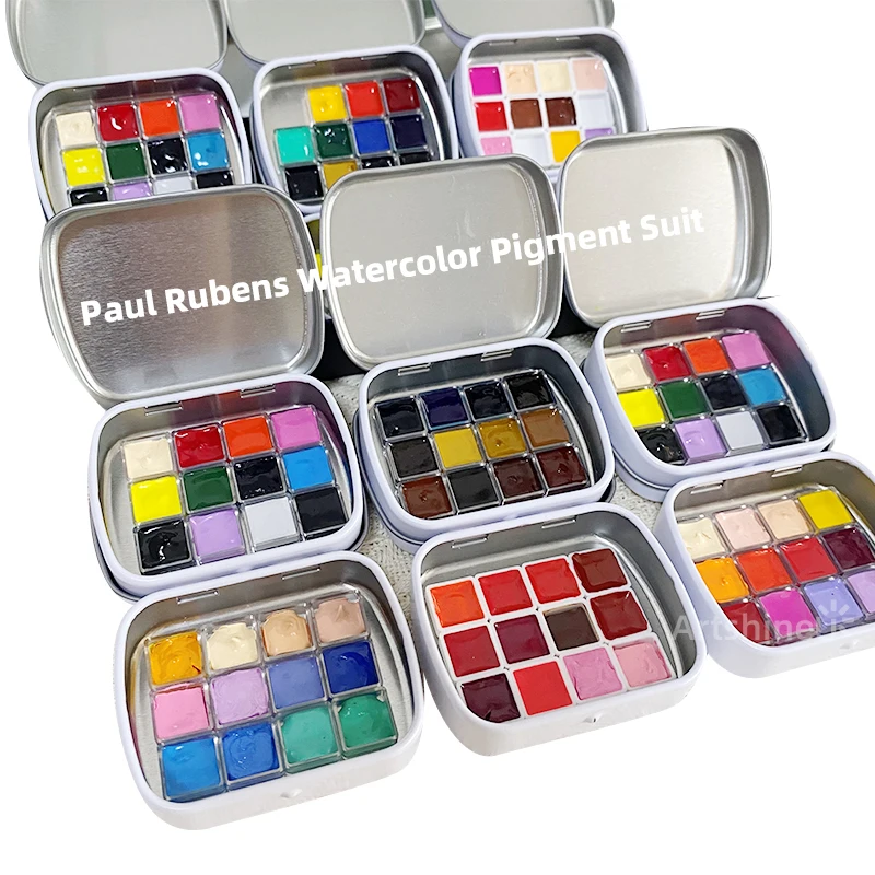 12 Colors Portable Paul Rubens Solid Watercolor Set 0.5ml/grid 2.3x1.8 Inches Iron Box  for Artist Beginner Drawing Art Supplies