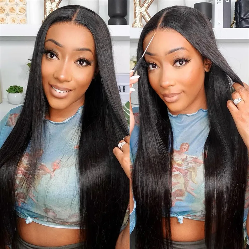 

28Inch Wear And Go Straight Lace Front Wigs Ready To Wear Preplucked Density 180 Pre Cut Lace Glueless Straight Human Hair Wigs