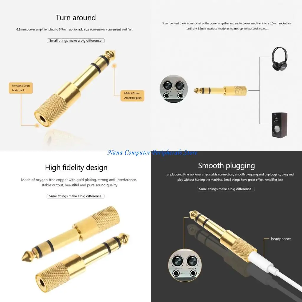 F68c conector áudio estéreo cobre banhado a ouro 6.35mm macho para 3.5mm fêmea adaptador para microfone