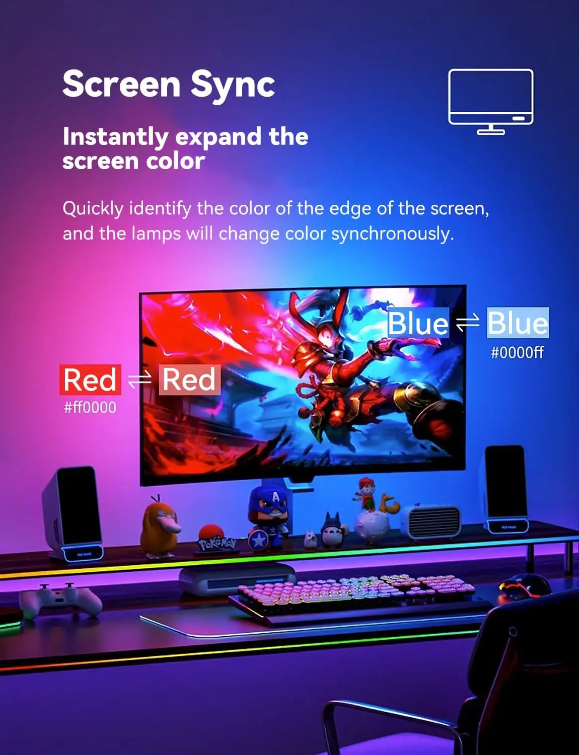 Luz de fundo led de sincronização de monitor de computador rgb com adesivo, luz de tira de ritmo de pc de imersão para decoração de sala de jogos,