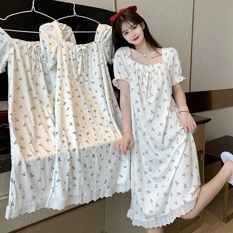 Summer Nightgowns Women Short Sleeve Nightdress Sleepshirt Floral Breathable Pajamas for Womens Home Clothes Sleepwear Plus Size