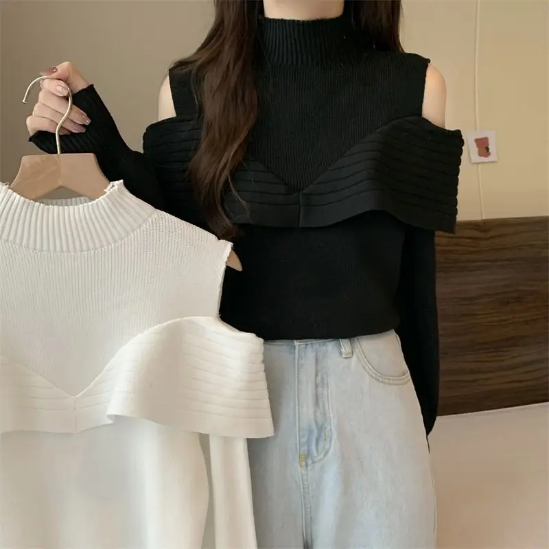 

Off-shoulder Sweater for Women in Spring 2025 New Retro Slim Long-sleeved Knitted Sweater