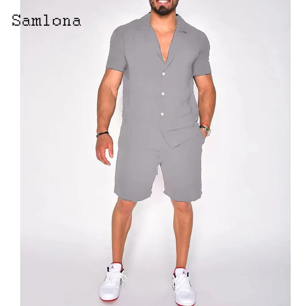 Samlona Plus Size Mens Casual Two Piece Sets 2024 Single Breasted Tops Blouse and Pocket Shorts Suit Male Beach Tracksuits Set