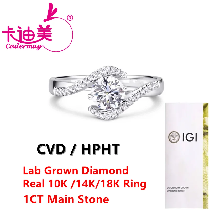 CADERMAY High Quality 10k 14k 18k Gold D VS1 Lab Grown Diamond With IGI Certificate 1CT Engagement Ring Wedding Bands For Women