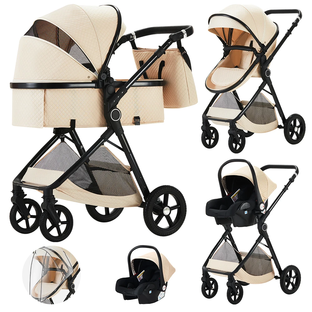 3-in-1 Baby-Kinderwagen mit Hochlandschaftsposition, verstellbarem Griff, Reisekinderwagen mit Wickeltaschen, Babybuggy