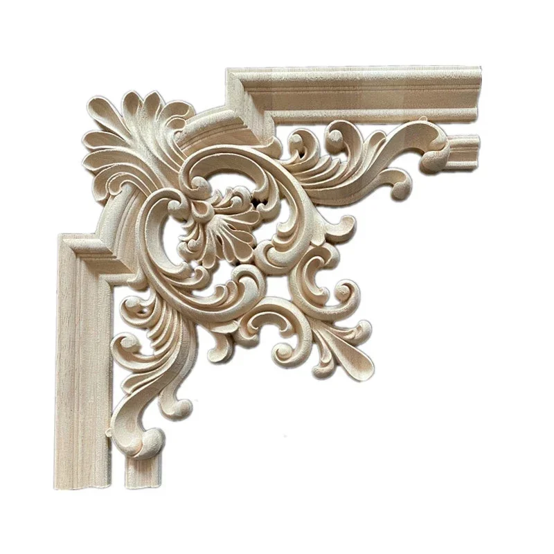 22-45cm Woodcarving Corner Decal Unpainted Wood Decal Corner Onlay Applique Frame Home European 3D Rose Decor Home Furniture