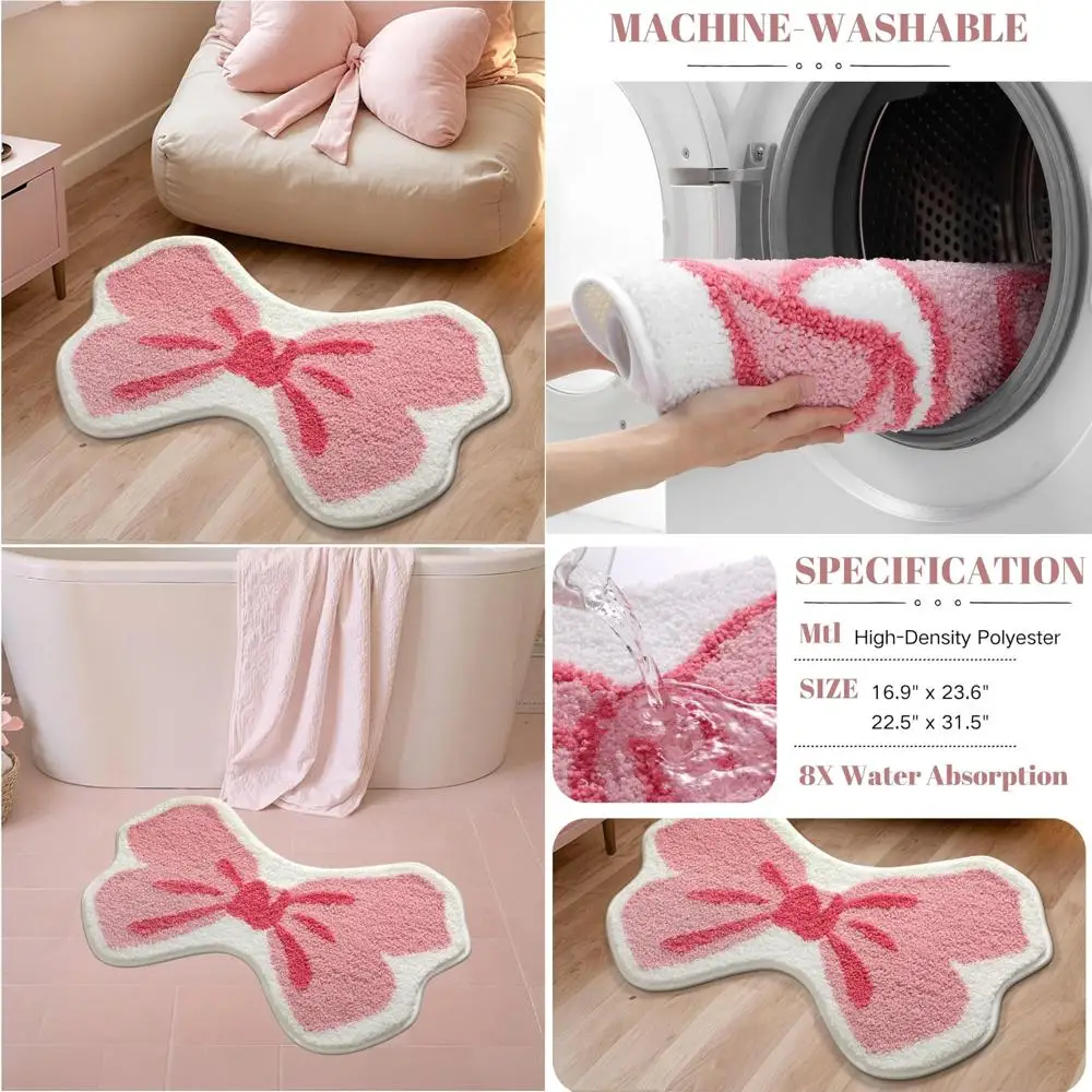 

Пушистый розовый коврик для ванной с бантом, неправильной формы 19,6 x 31,5, высокопоглощающий нескользящий коврик для использования в ванной комнате и спальне