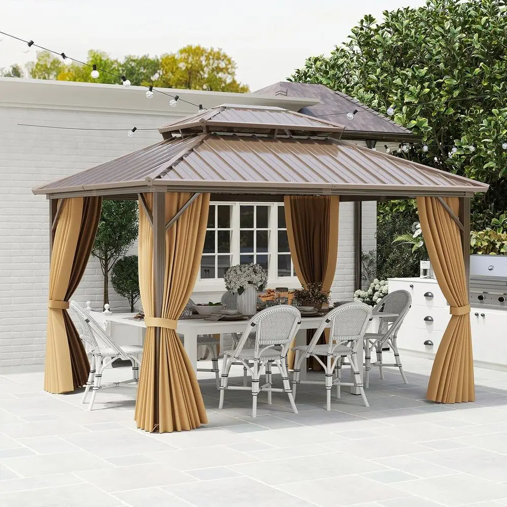 

10x12 T Hardtop Gazebo, Permanent Pavilion Shelter with Netting & Curtain, Heavy-Duty Double Galvanized Metal Roo, e, Outdoor Ga