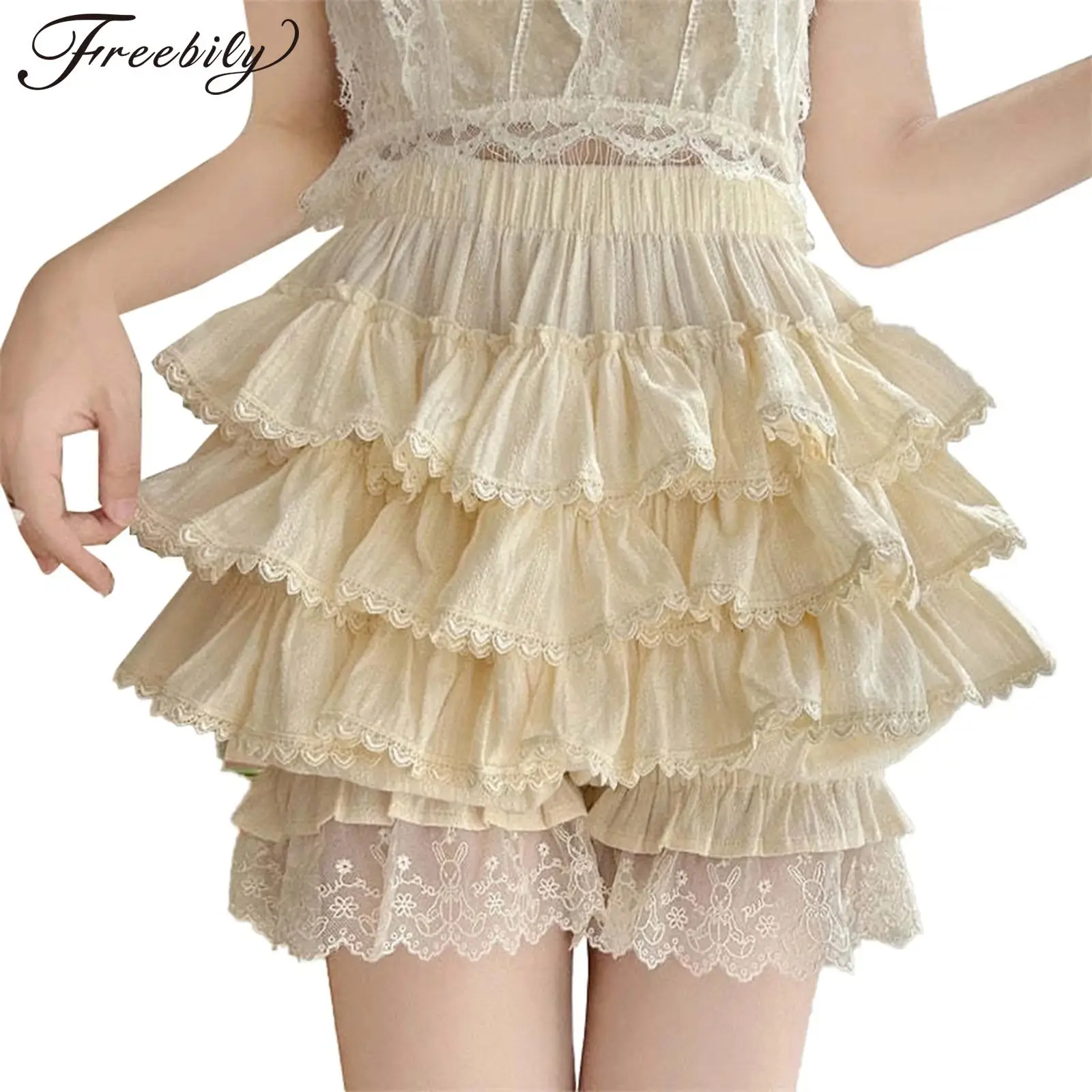 Womens Tiered Ruffles Safety Short Pants Japanese Sweet Lolita High Waist Lace Trim Bloomers for Masquerade Theme Party Cosplay