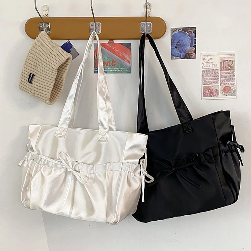 Sweet Satin Folded Bow Tote Bag Advanced Girl Shoulder Bag Fashionable Large Capacity Commuting Underarm Bag Wholesale