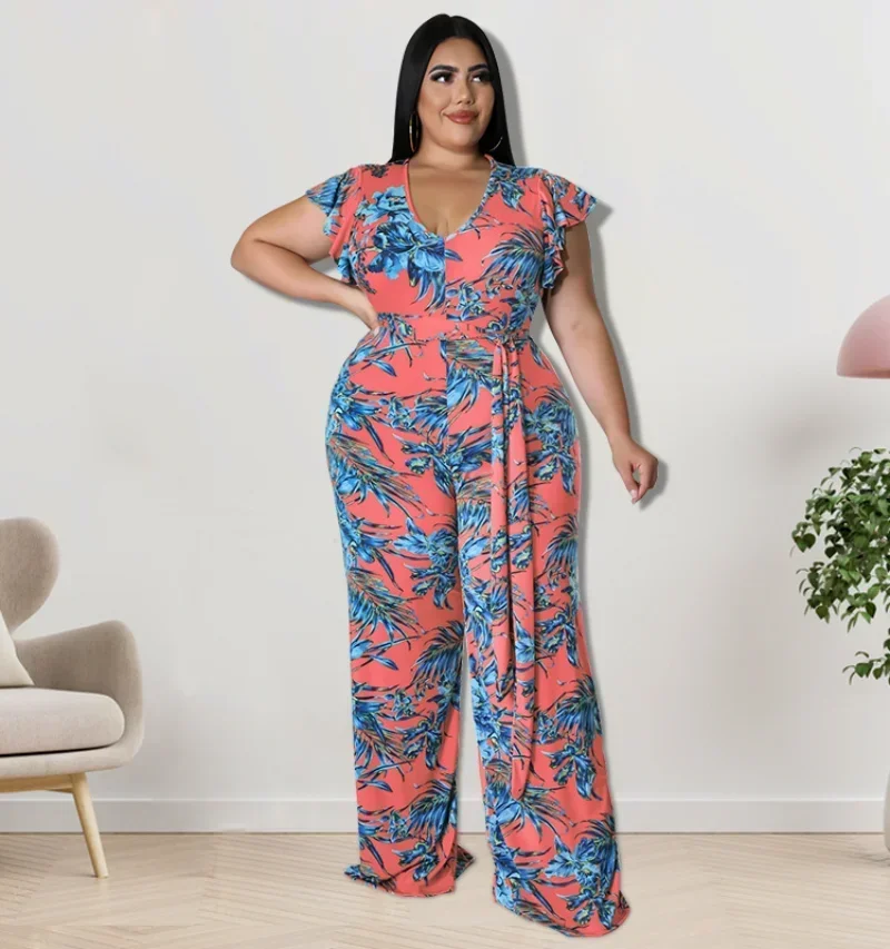 

KEXU Ruffles Short Sleeve Print Sexy V Neck Bandage Wide Leg Jumpsuits Fashion One Piece Overalls Women Plus Size Summer Romper