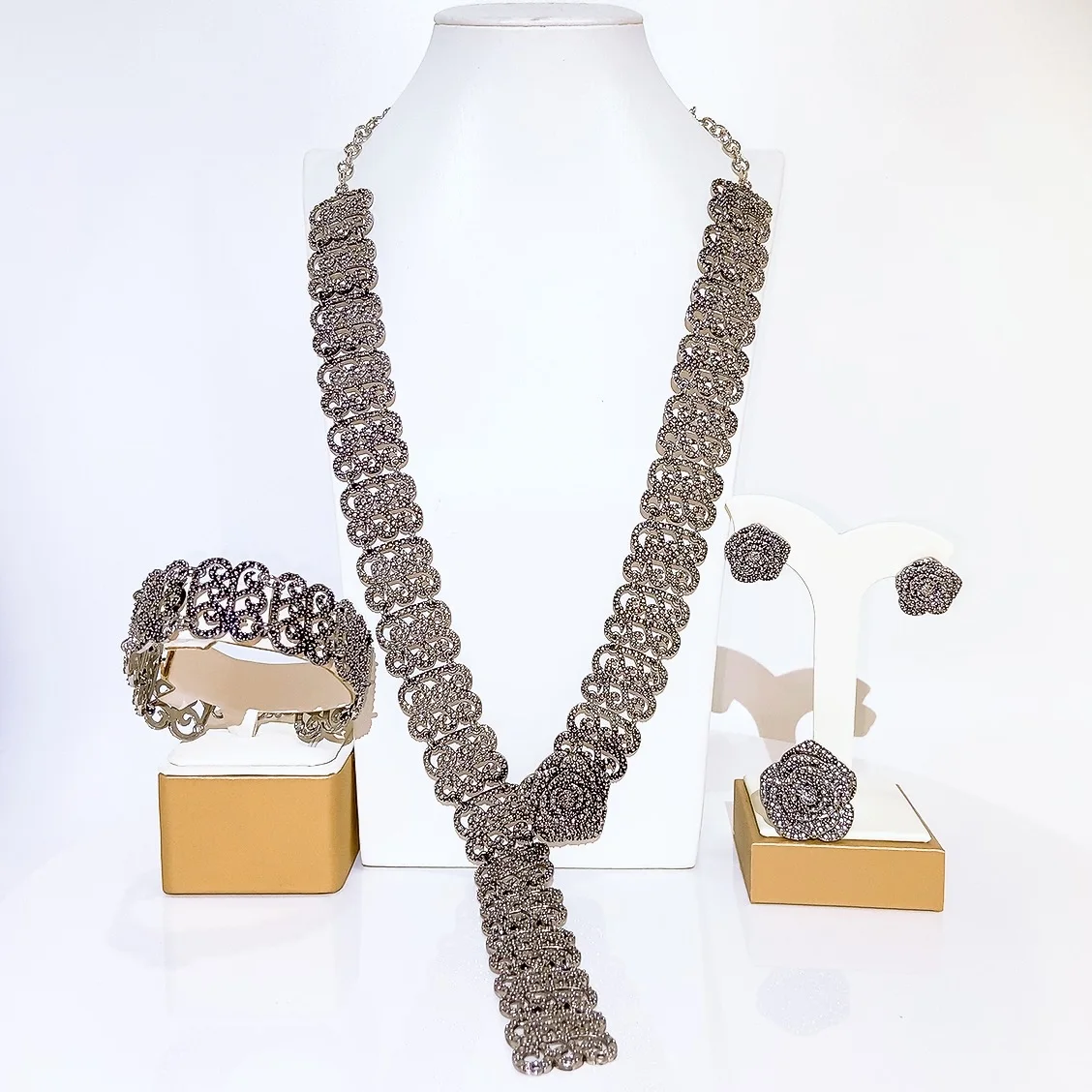 Vintage Marcasite Floral Statement Jewelry Set 4Pcs for Women Antique Silver Tone Long Necklace Bracelet Earrings Ring Evening