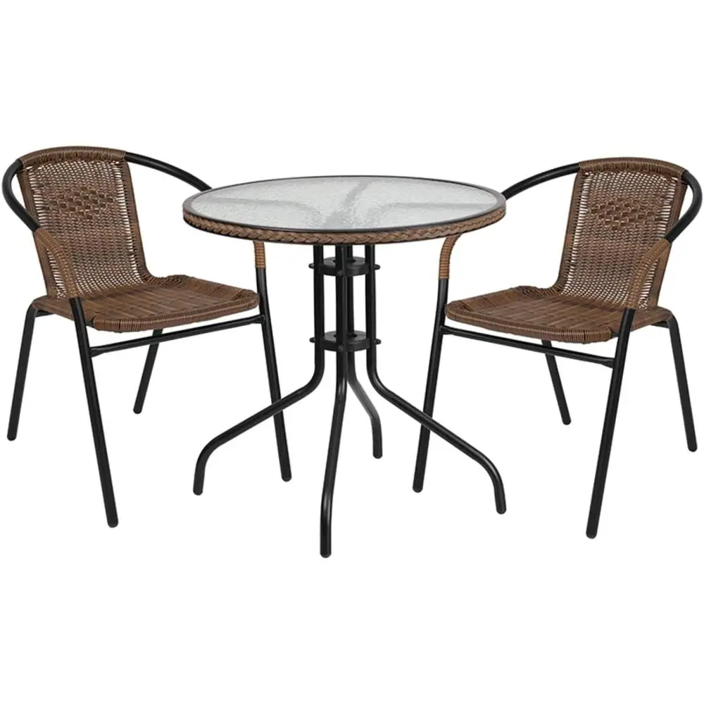 

28 Round Glass Table with Brown Rattan Edge and 2 Stackable Chairs