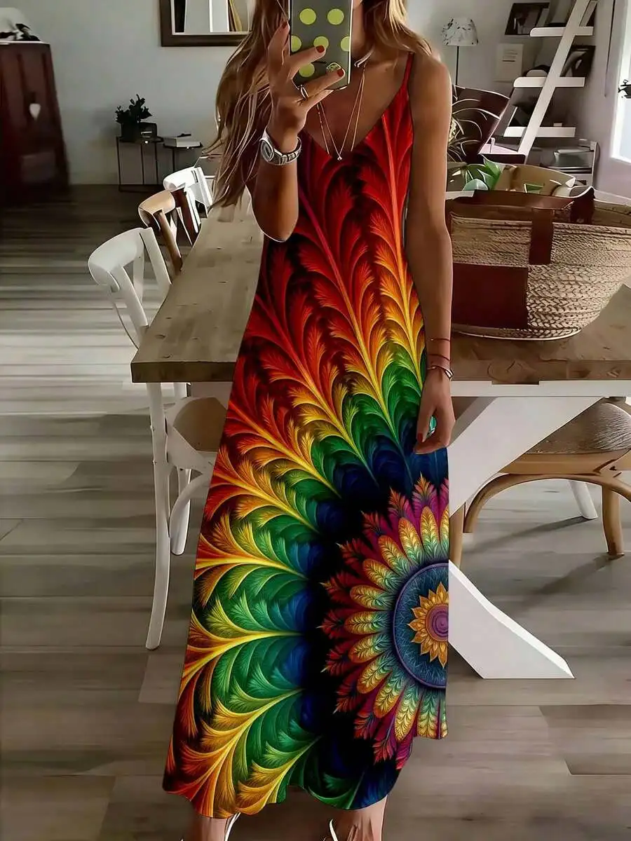 

Colorful Mandala Print Sleeveless Maxi Dress Deep V Neck Backless Women Summer Beach Casual
