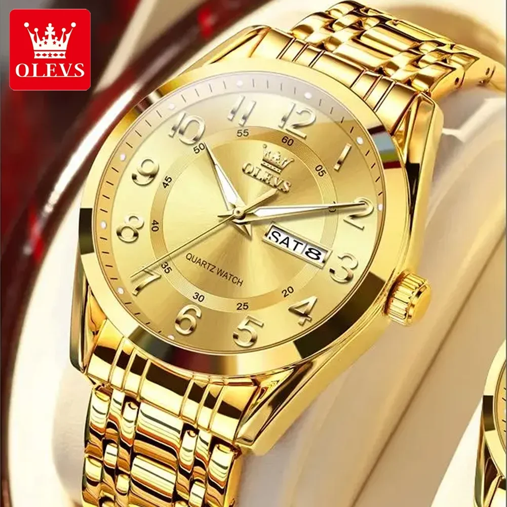 OLEVS 3666 Luxury Man Watch Stainless Steel Waterproof Dual Calendar Classic Large Digital Dial Original Quartz Watches for Men