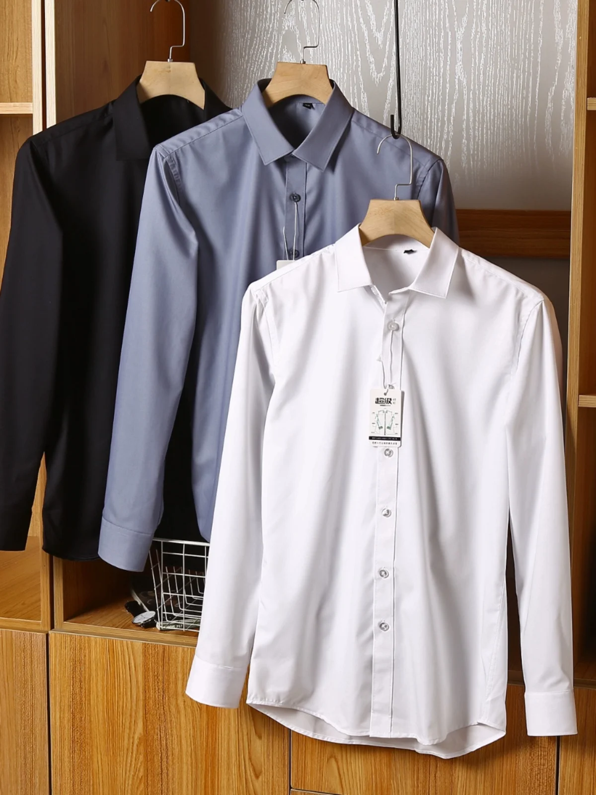 

Silky Bamboo Fiber Men's Business Shirt Iron-Free Autumn Collection Standard Fit Long Sleeve Pure Color Company Grade