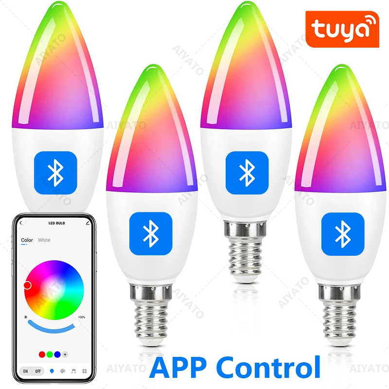 

Tuya Bluetooth Smart E14 5 Вт Лампы-свечи RGBCW 220 В с затемнением Изменение цвета Атмосфера Групповое управление Часовое приложение Smart Life