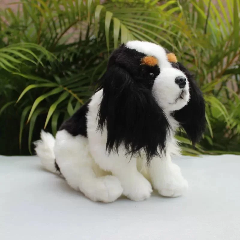 Lifelike King Charles Spaniel Dog Black White Puppy Emulational Pet Animal Soft Stuffed Doll Plush Toy Girl Boy Birthday Gift